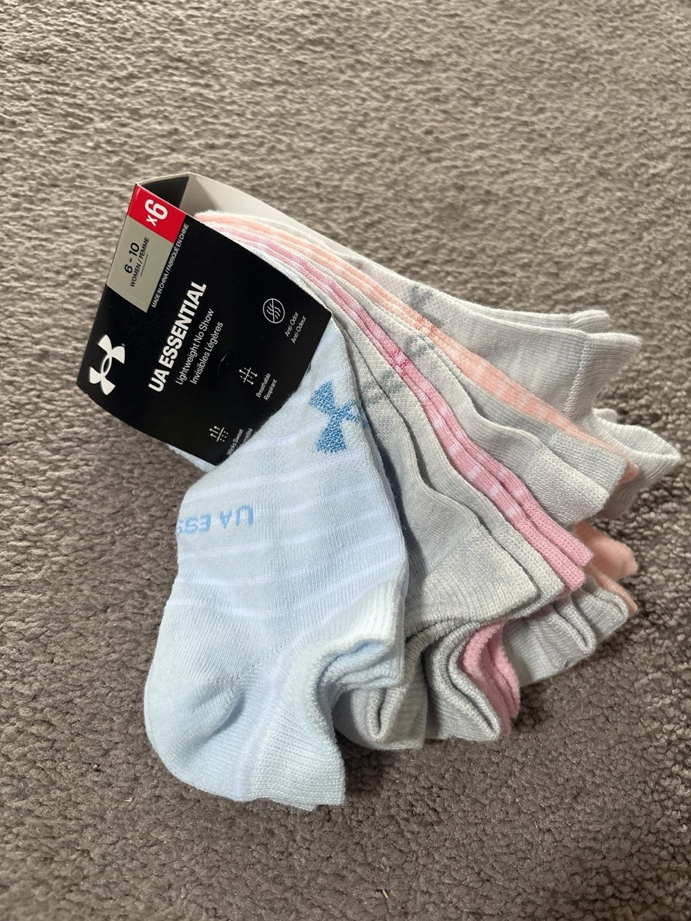 NWT!6 pack Under Armour Women's Low-Cut Socks - Light Blue, Gray, Pink